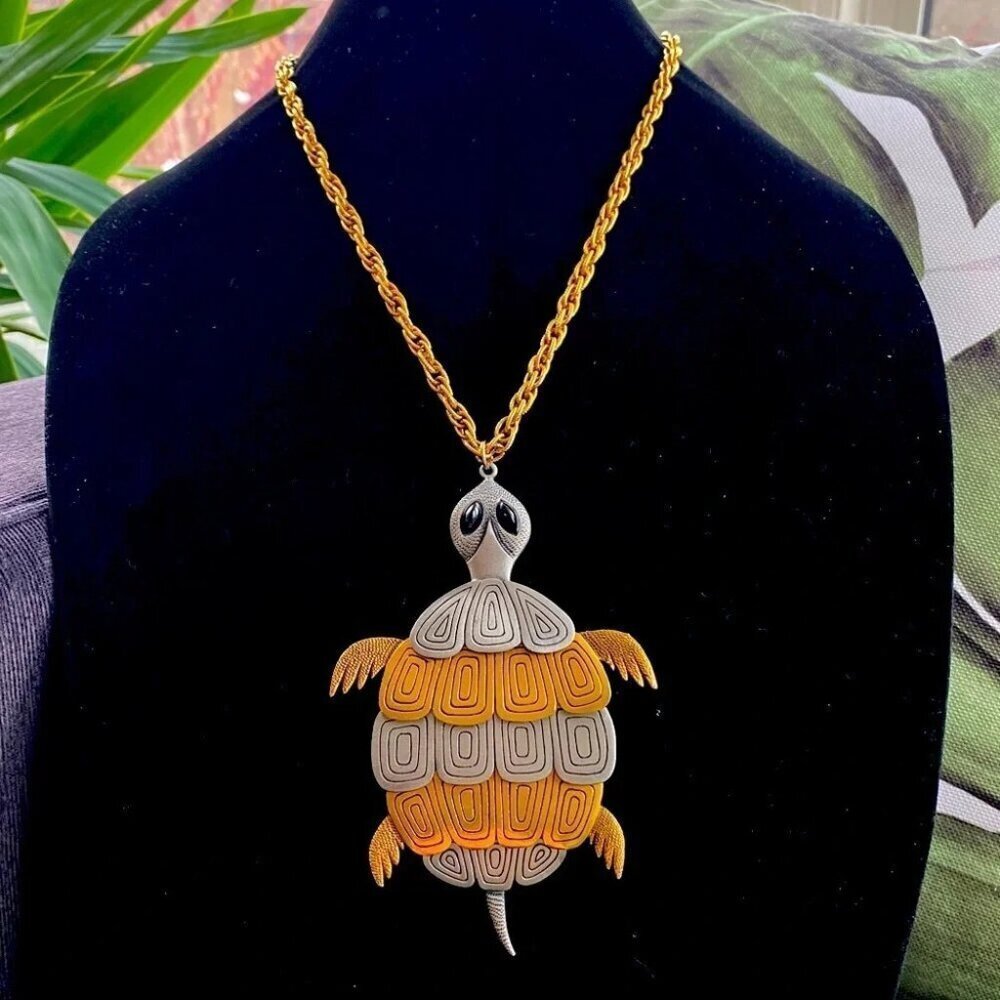 Vintage 1970s Articulated Gold-Pewter Turtle Statement Necklace